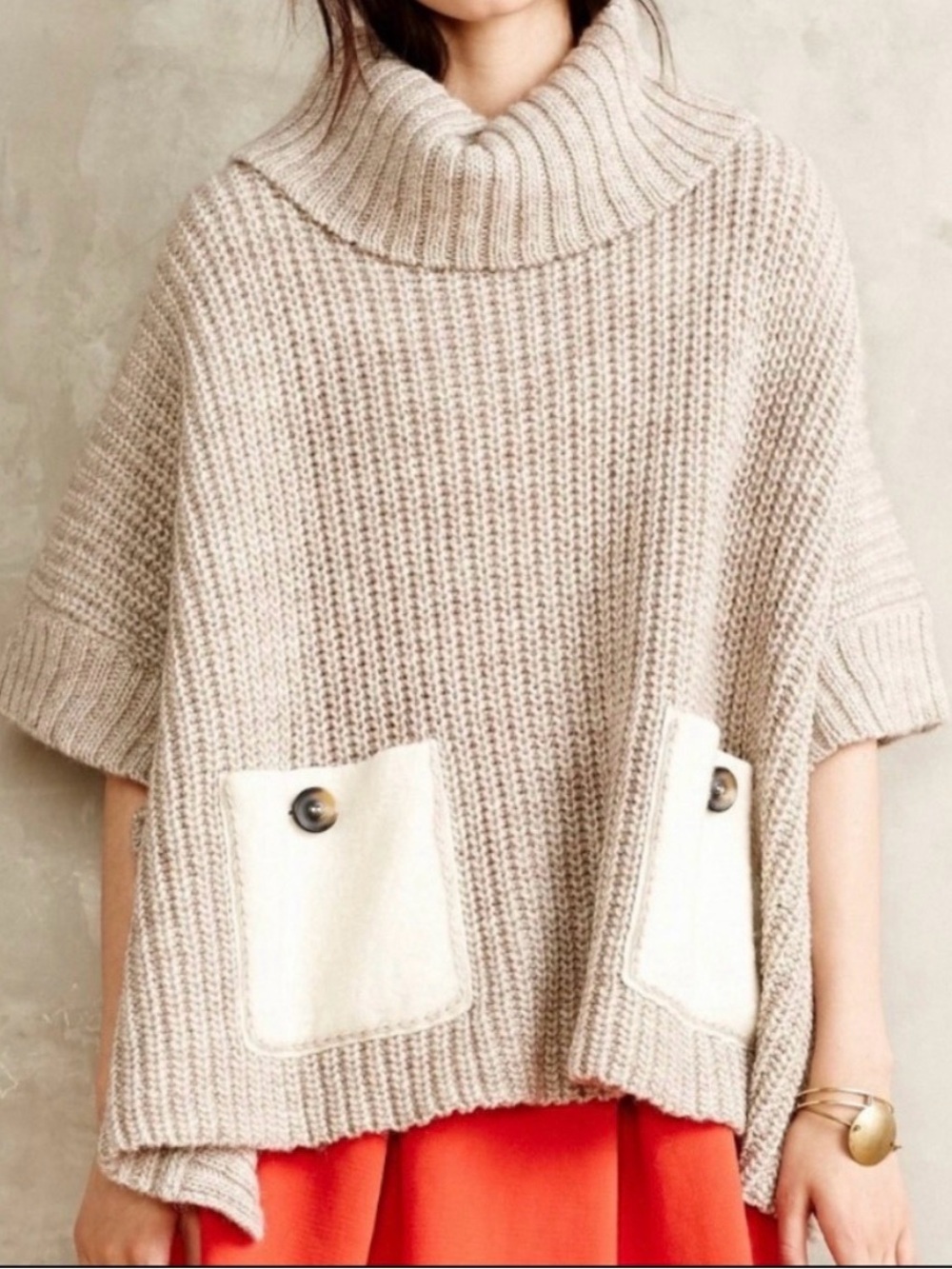 Moth Beige Ribbed Turtleneck Poncho Sweater with Contrast Pockets